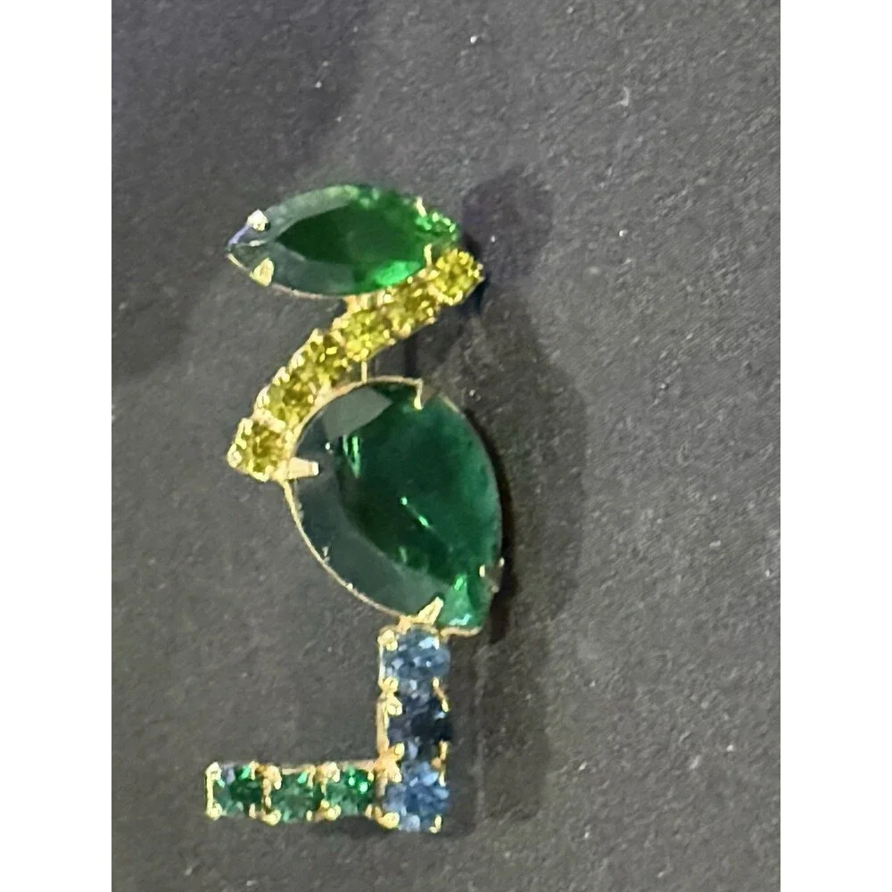 Vintage Style Rhinestone Flamingo Brooch Pin Green Gold Blue